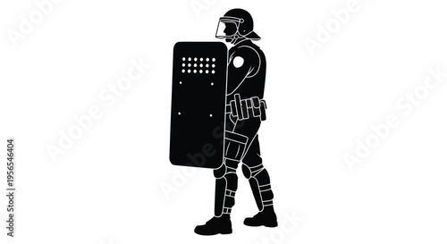 Riot police officer with shield standing guard black silhouette