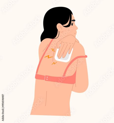 Woman applying pain relief patch on back, healthcare and body pain concept