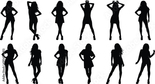 Black silhouettes of fashion woman posing in different positions isolated on white background, female model vector collection for design and advertising