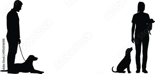 Black silhouettes of man and woman with their dogs and puppies, pet owners training animals, canine companionship collection on white background