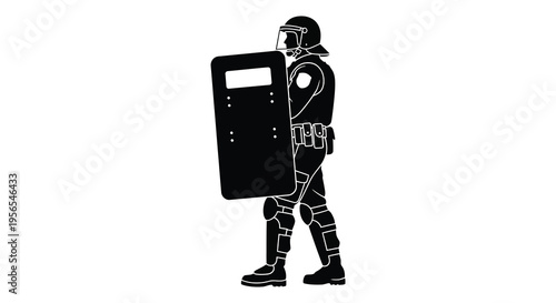 Riot police officer with shield stands in profile silhouette