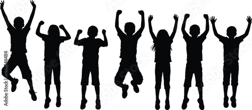Black, children, silhouettes, set, isolated, on, white, background, kids, jumping, celebrating, happy, childhood, group, people, vector, success, joy, play, fun.
