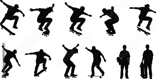 Black, skateboarder, silhouettes, set, isolated, on, white, background, skateboarding, tricks, jumping, man, skater, vector, extreme, sport, urban, active, people, collection.