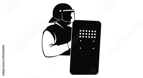Riot police officer with shield in a stark black silhouette