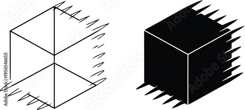 Minimalist graphic illustration comparing a wireframe cube and a solid black cube with motion blur Vector