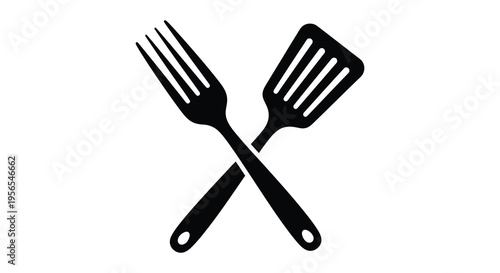 Black fork and spatula crossed a minimalist kitchen tool silhouette