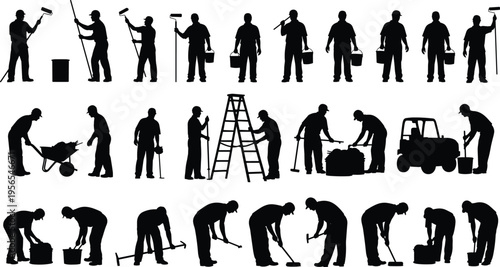 Black, worker, silhouettes, set, isolated, on, white, background, construction, painters, builders, laborers, tools, ladder, vector, industry, man, professional, renovator, collection.