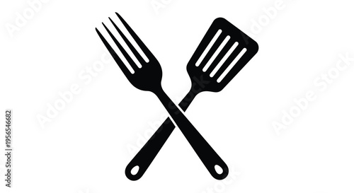 Crossed fork and spatula kitchen tools simple black silhouette