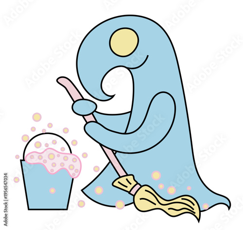 A cute blue monster holding a broom with a mop, cleaning the floor with soap. Next to him a bucket with soap and bubbles. Vector drawing. 