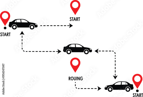 A conceptual diagram showing a car navigation route with multiple start and routing waypoints Vector