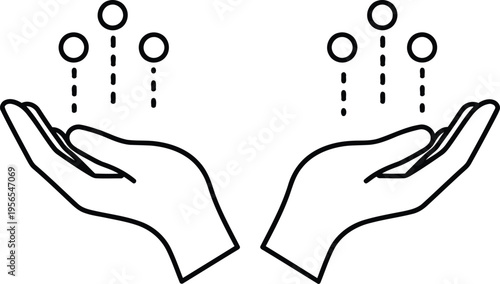 A minimalist line art illustration showing two open human hands holding floating circular coins Vector