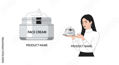 Woman holding silver face cream jar in minimalist illustration for skincare advertising