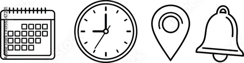 A set of four simple black and white line art icons representing a calendar clock map pin and bell Vector