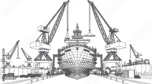 Industrial Shipbuilding Plant Line Art Vector Illustration – Shipyard Construction Sketch, Marine Engineering Outline Drawing