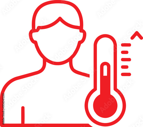 A red line icon depicting a human figure with a thermometer indicating a high fever or illness Vector