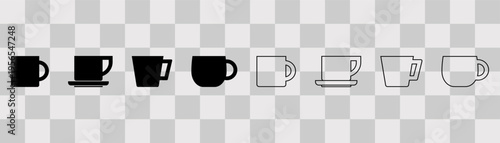 Tea or Coffee cup icons. Mug. Cup in black and white colors. On transparent background.