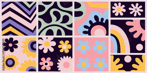 Colorful geometric and floral patterns arranged in a grid formation