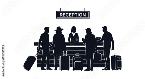 Hotel lobby scene with guests checking in a striking silhouette