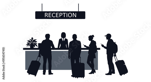 People at a hotel reception desk waiting and checking in silhouette