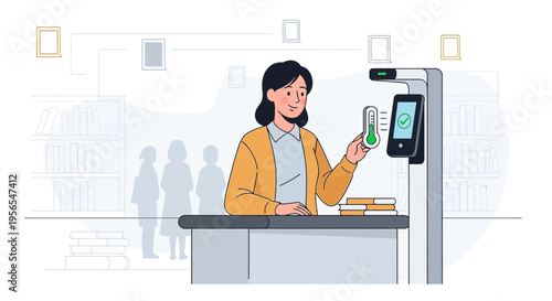 Woman checks temperature with thermometer at library desk with digital screen