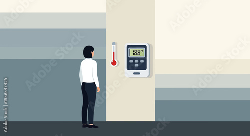 Woman checks thermostat displaying 100 degrees Fahrenheit, indicating extreme heat or malfunction.