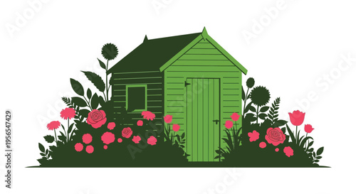 Charming green garden shed surrounded by vibrant roses a flat silhouette