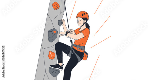 Woman climbing indoor rock wall, safety helmet, harness, active lifestyle, fitness, sport