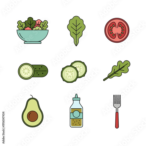 Healthy Salad Ingredients Icon Set: Vegetables, Avocado, Dressing, Fork