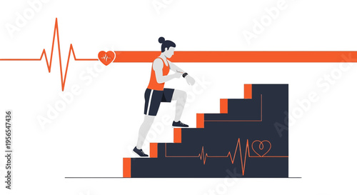 Woman climbing stairs with fitness tracker, heart rate monitor, healthy lifestyle concept