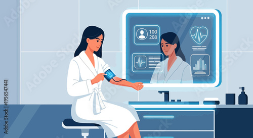 Woman checks vital signs on smart mirror with digital health data display