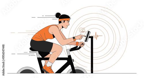 Woman cycling indoors on a stationary bike, heart rate monitor display, fitness and health concept