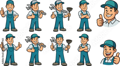 Set of Handyman Character Icons in Various Poses with Tools and Thumbs Up Expressions