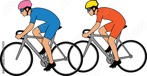 Two Competitive Cyclists Racing Side by Side in Blue and Orange Outfits, Flat Design Sports Competition vector illustration
