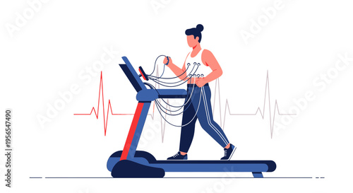 Woman ECG stress test on treadmill, heart rate monitor, medical checkup, exercise cardiology
