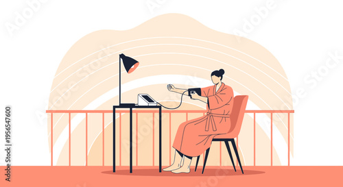 Woman Checks Blood Pressure at Home, Health Monitoring, Medical Device