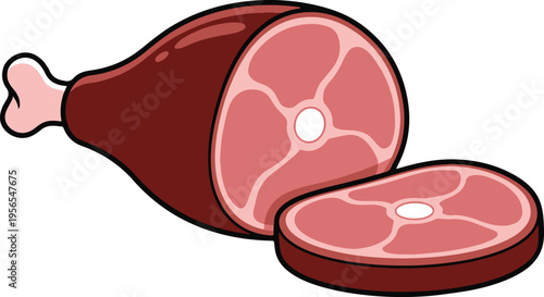 Cured Ham Leg with Slice Showing Marbled Interior, Flat Design Meat Product Icon vector illustration
