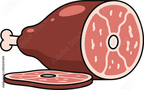 Cured Ham Leg with Circular Slice Displaying Marbled Interior, Flat Design Meat Product Icon vector illustration
