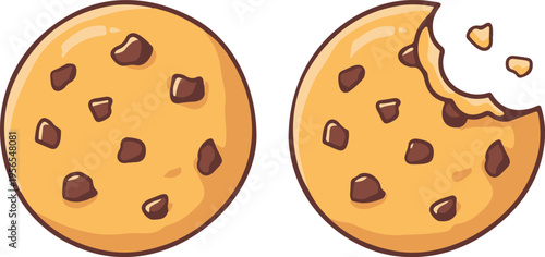 Whole and Bitten Chocolate Chip Cookies Pair, Flat Cartoon Food Snack vector illustration
