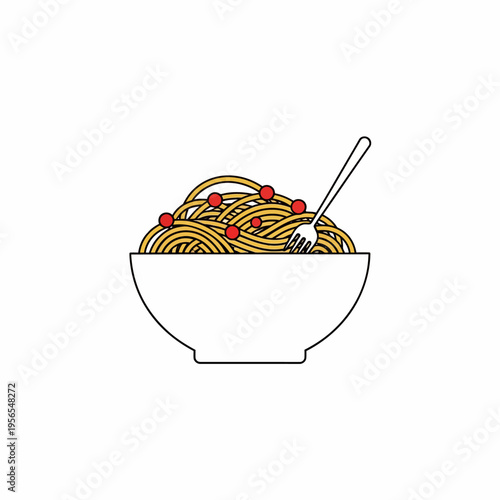 Spaghetti Bowl with Fork and Red Cherry Tomatoes - Vector Illustration