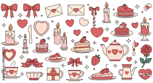 Valentines Day icons set in cute cartoon style with red and pink colors on white background for greeting card