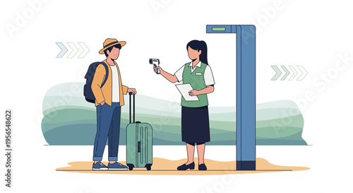 Traveler undergoing temperature check at airport security with luggage and scanner