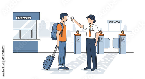 Traveler temperature check at entrance with luggage, security screening, health control
