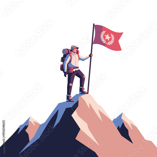 Adventurer Planting Flag on Mountain Peak, Symbolizing Success and Achievement