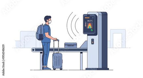 Traveler with face mask and luggage passes through airport thermal scanner for temperature check.