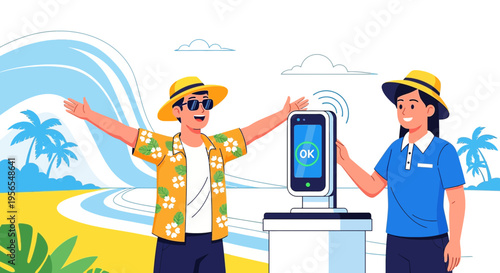 Traveler with arms outstretched at beach resort, greeted by technology check-in kiosk