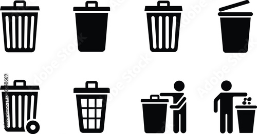Set of eight black trash can and recycling bin on white background waste garbage