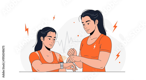 Two women checking fitness tracker smartwatch, heart rate monitor, health and wellness concept