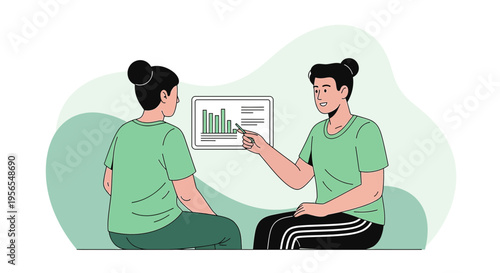 Two people discussing a bar chart on a whiteboard, business meeting, teamwork, data analysis