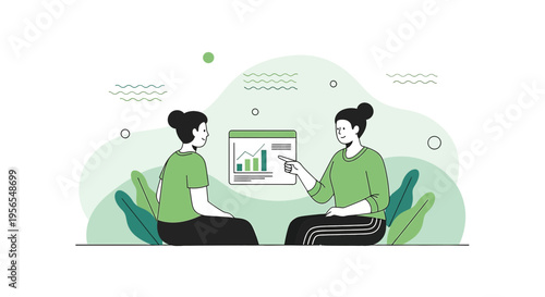 Two women discussing business growth chart, teamwork and collaboration in modern office