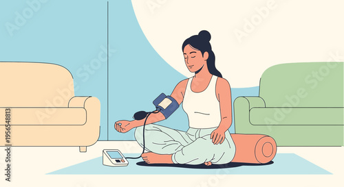 Woman checking blood pressure at home, healthy lifestyle, wellness, self-care